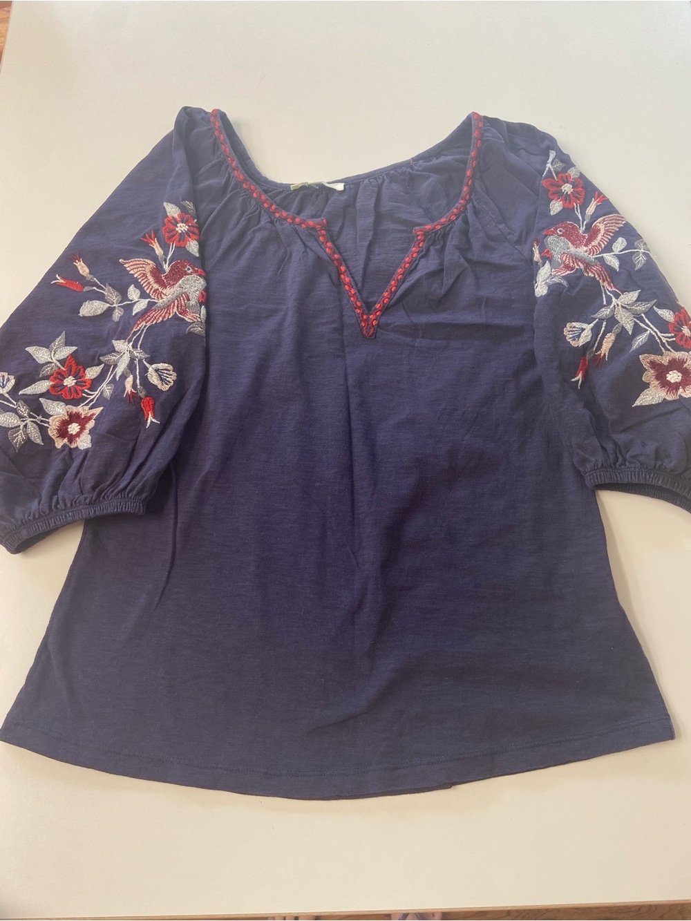 Solitaire Navy 3/4 Sleeves Blouse Embroidered Floral + Bird worn once size S